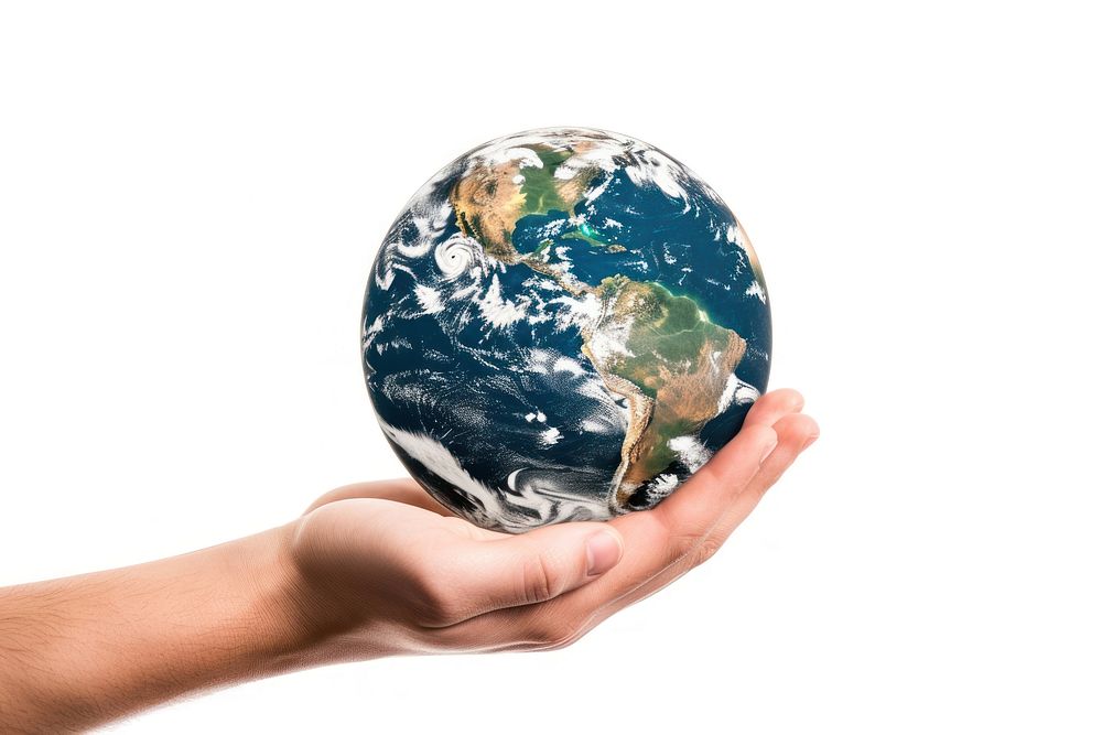 Photo of hand holding earth planet space globe.