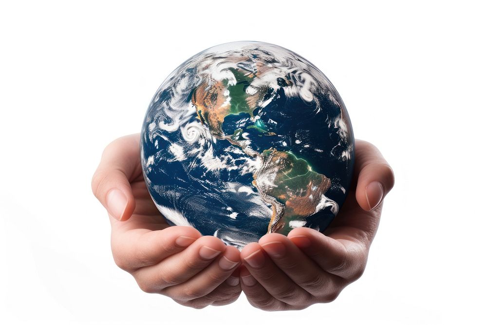 Photo of hands holding earth planet globe space.