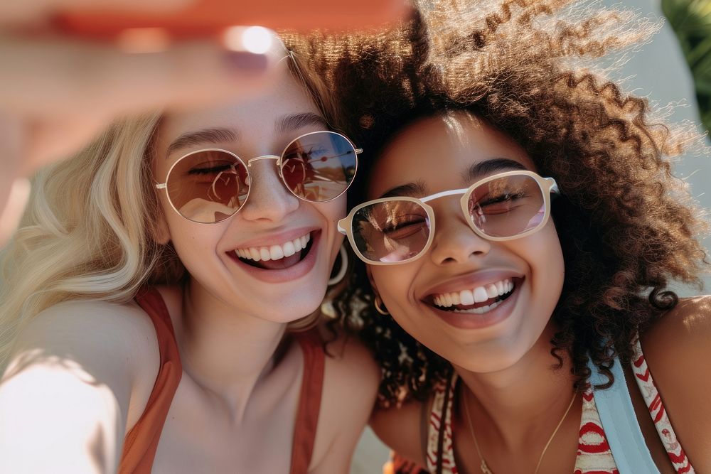 Happy two women laughing while taking selfie photography sunglasses portrait.