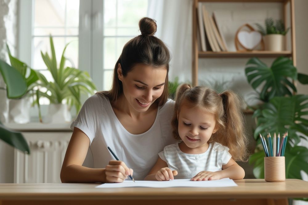 Happy mother and daughter drawing at home writing child adult.