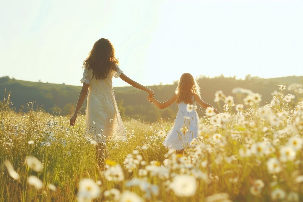 Happy mother and daughter playing on meadow togetherness tranquility agriculture.