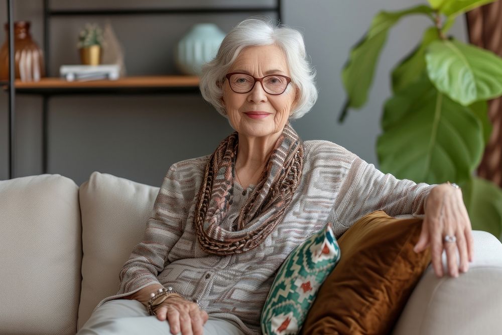 Happy senior woman sit on sofa at home glasses adult grandparent.