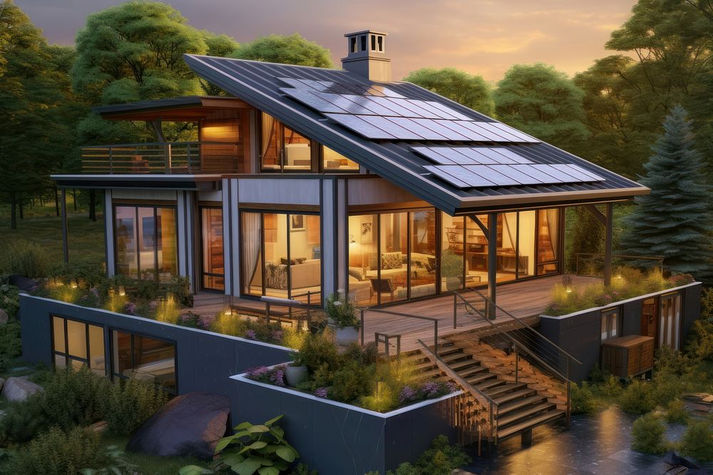 Home with solar panels on the roof architecture building outdoors.