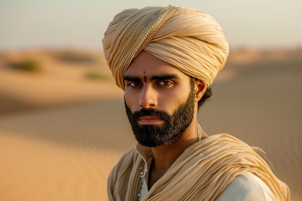 Indian man portrait turban desert.