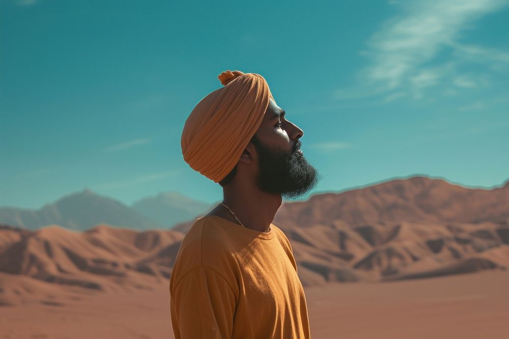 Indian man outdoors desert turban.