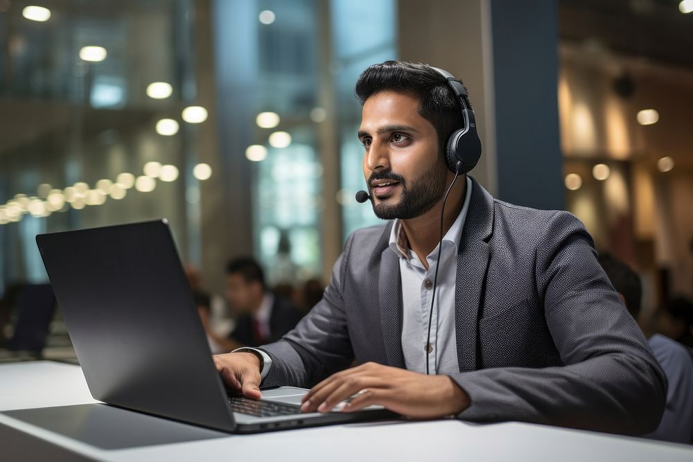 Indian man working at call center laptop headphones computer.