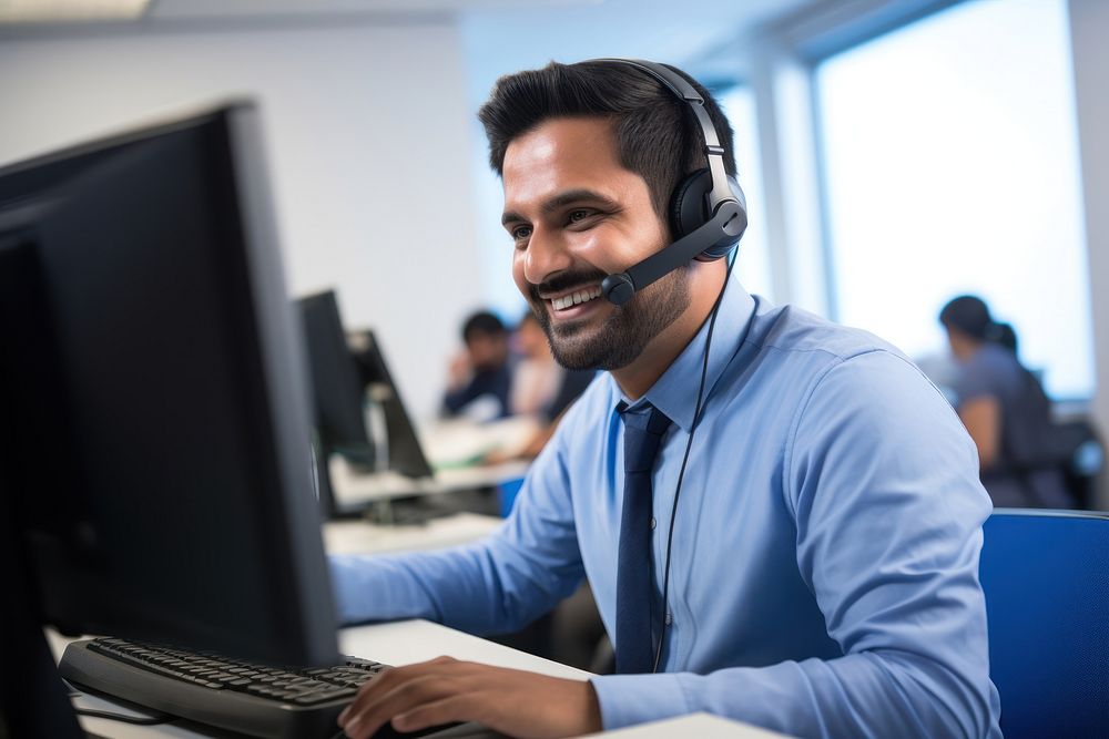 Indian man working at call center headphones computer headset.
