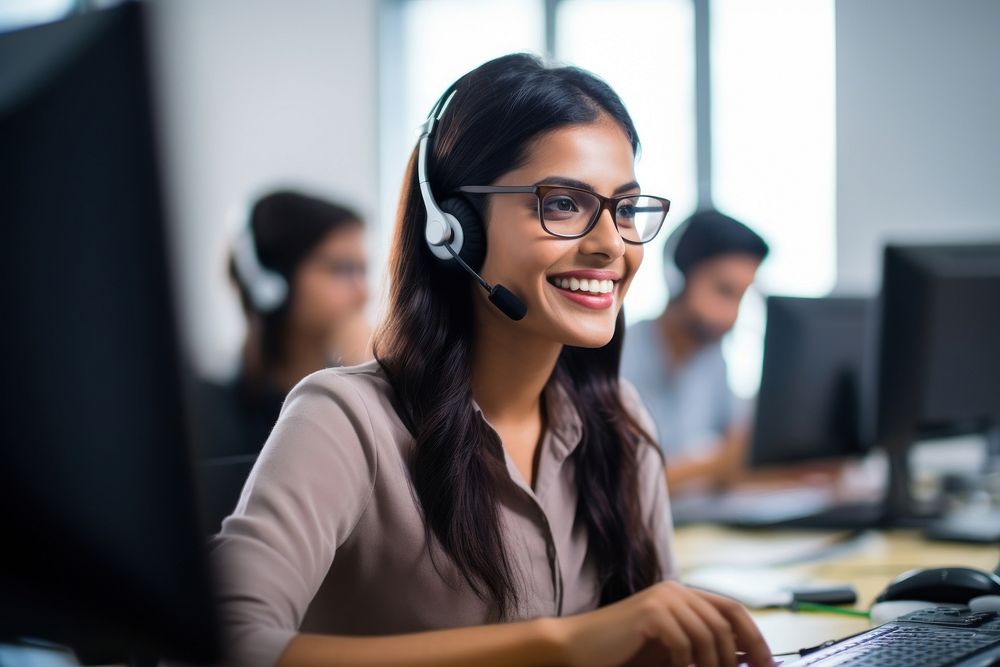 Indian woman working at call center headphones headset glasses.