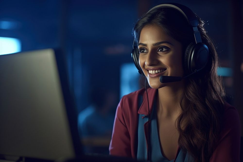 Indian woman working at call center headphones headset laptop.