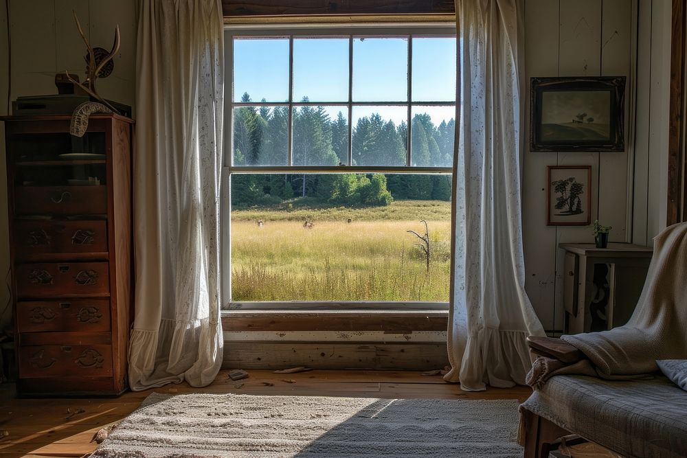 Window see deer and forest furniture plant field.