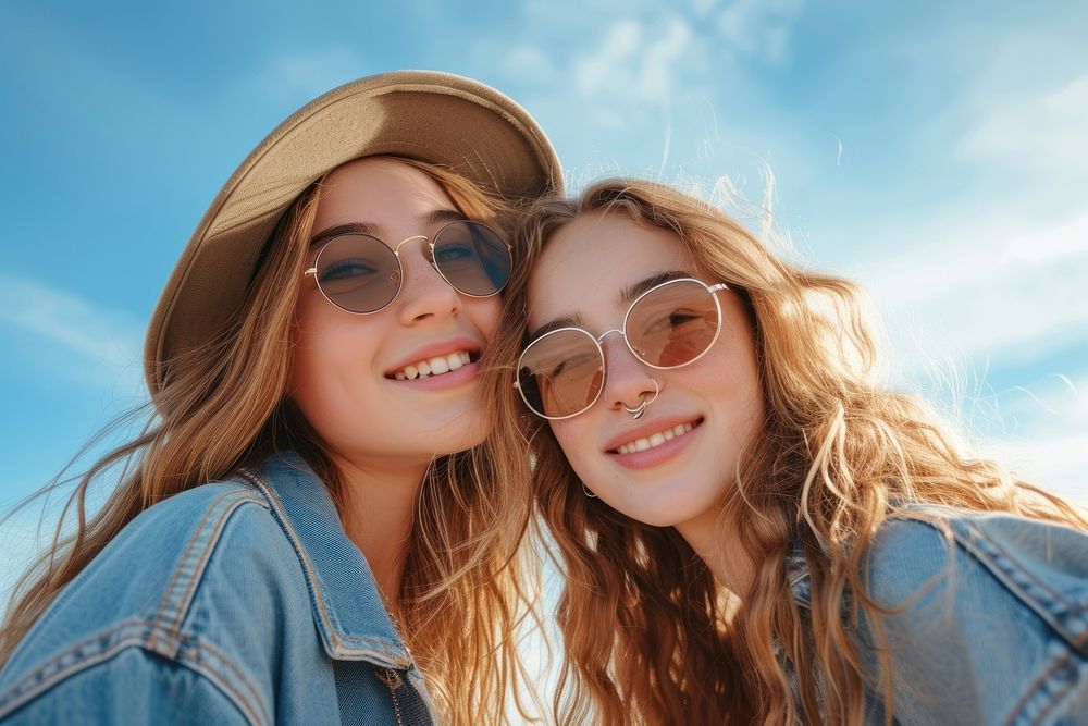 Lovable American girls sunglasses outdoors sky.