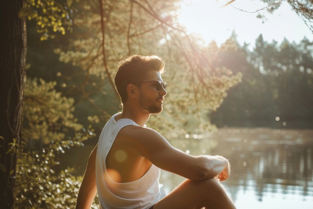 Mens friend of summer photography outdoors sitting.