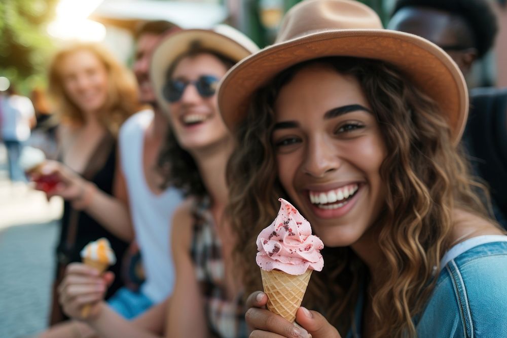 Multiethnic tourists having fun while eating an ice cream outdoors dessert adult smile.