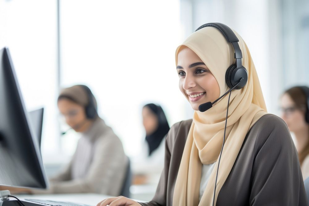 Muslim woman working at call center headphones headset laptop.