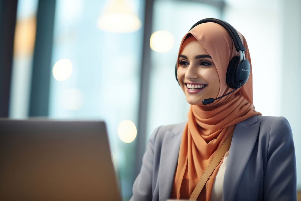 Muslim woman working at call center laptop computer adult.