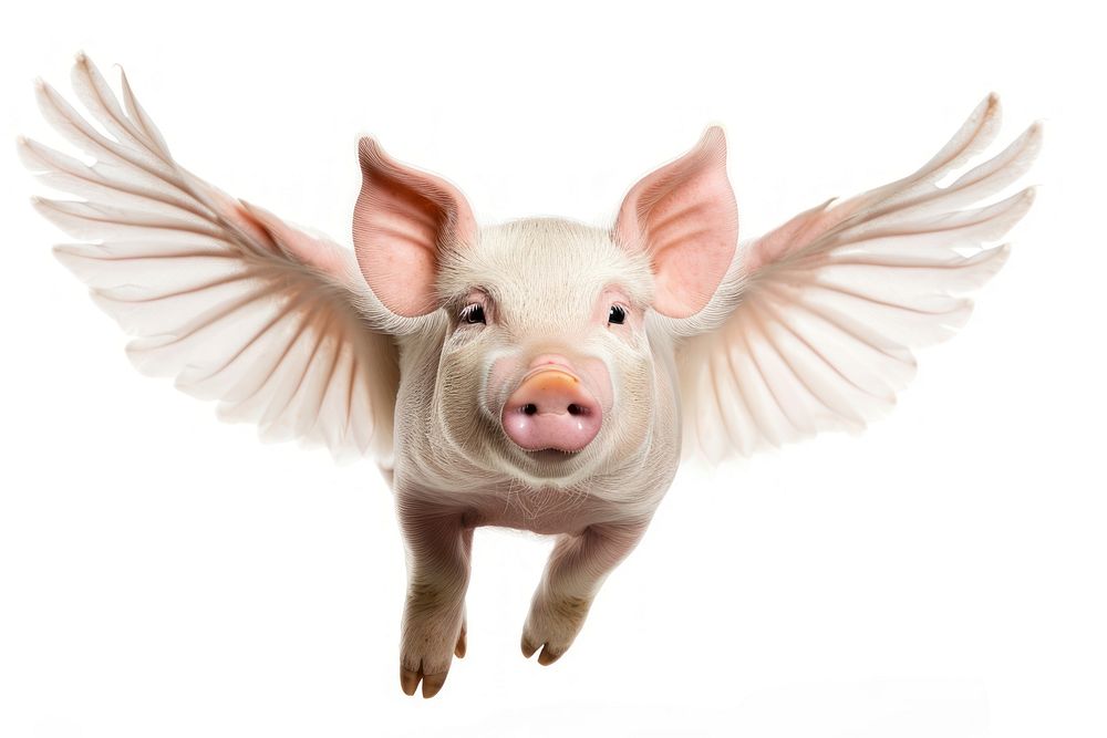 Photo of pig flying with wings animal mammal white background.