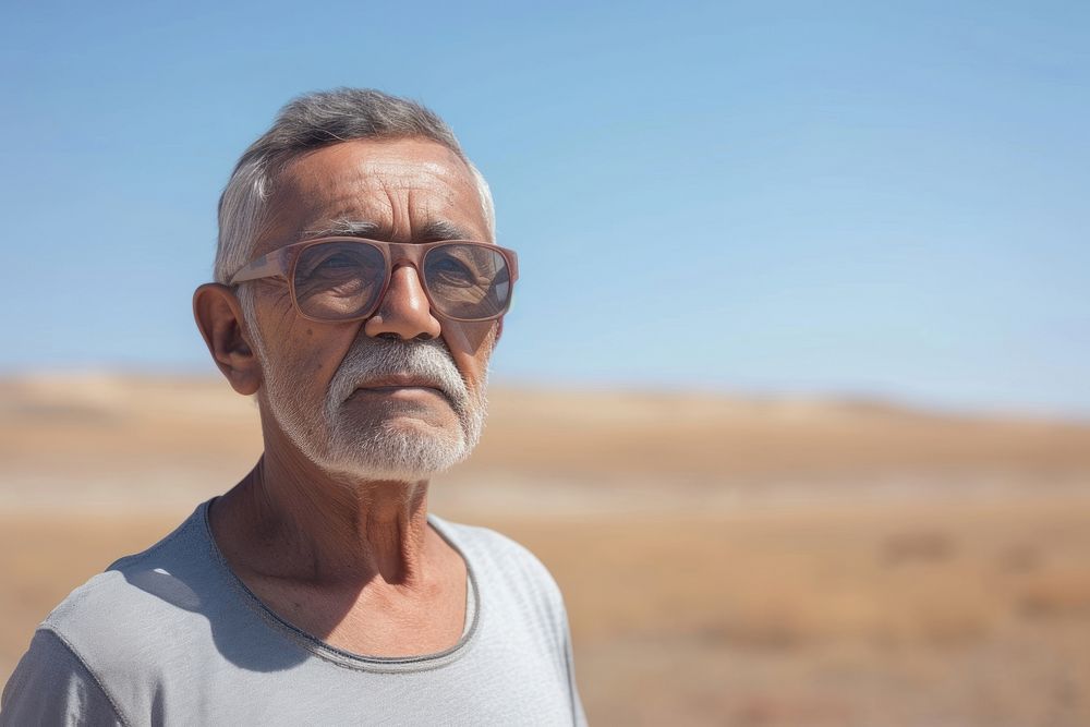 Senior indian man portrait glasses desert.