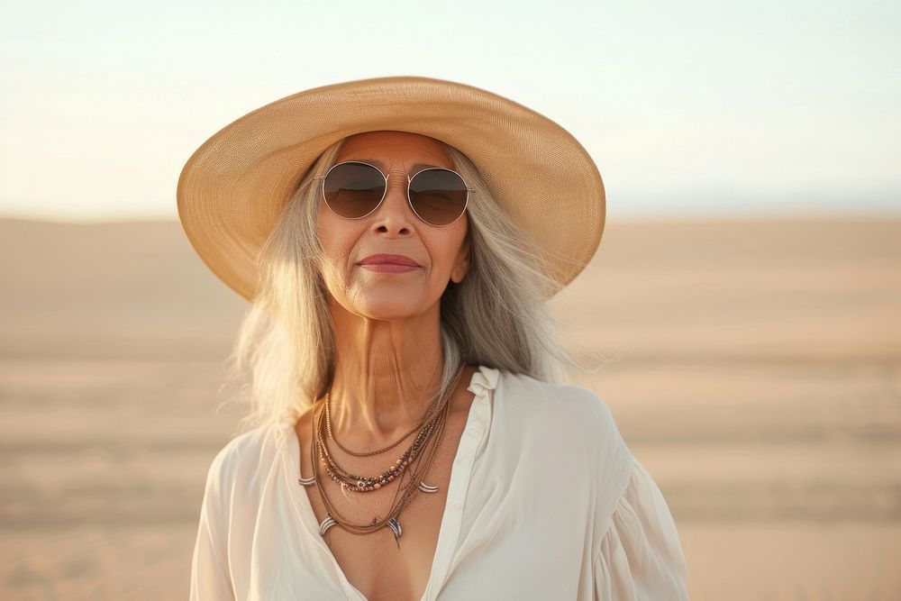 Senior indian american woman sunglasses necklace portrait.