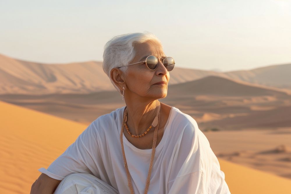 Senior indian woman outdoors glasses desert.