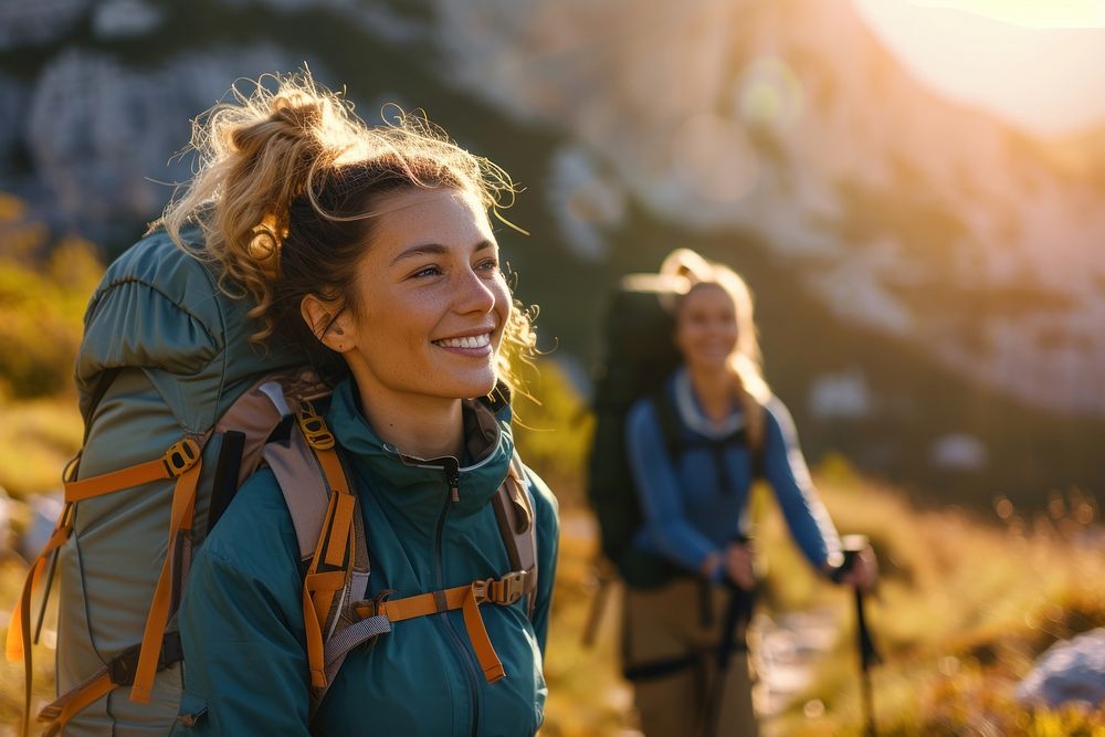 Smiling young woman hiking with friend on sunny day backpacking photography recreation.