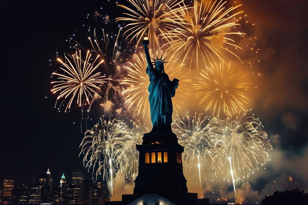 Statue of liberty in front of fireworks landmark independence architecture.