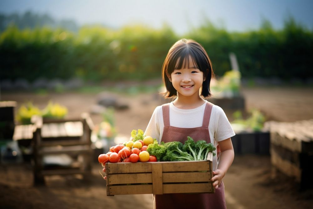 A happy japanese girl farmer holding vegetables organic smile child.