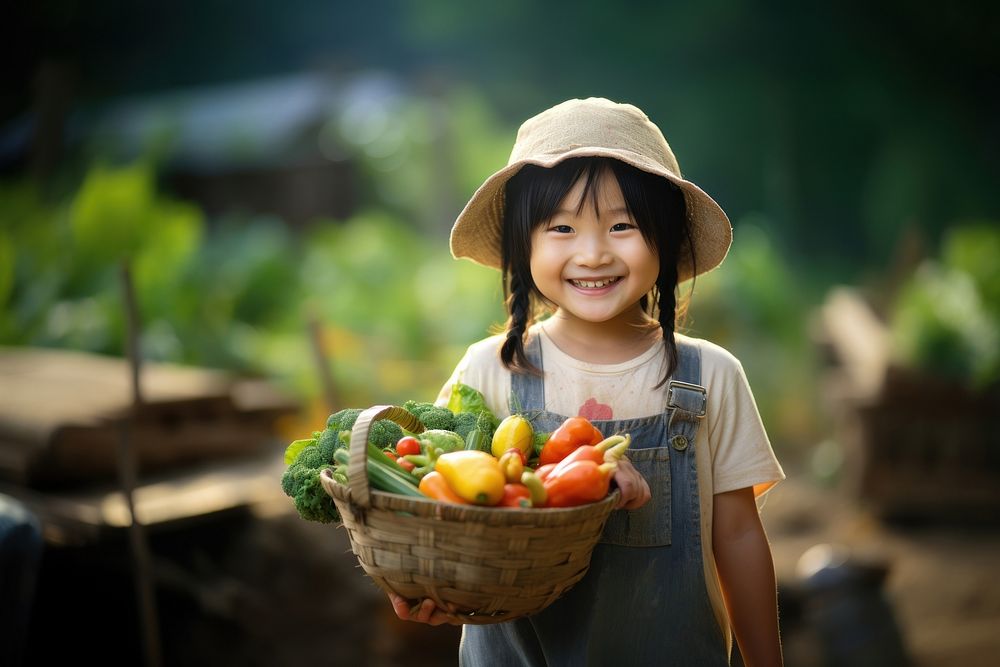 A happy japanese girl farmer holding vegetables smile organic child.
