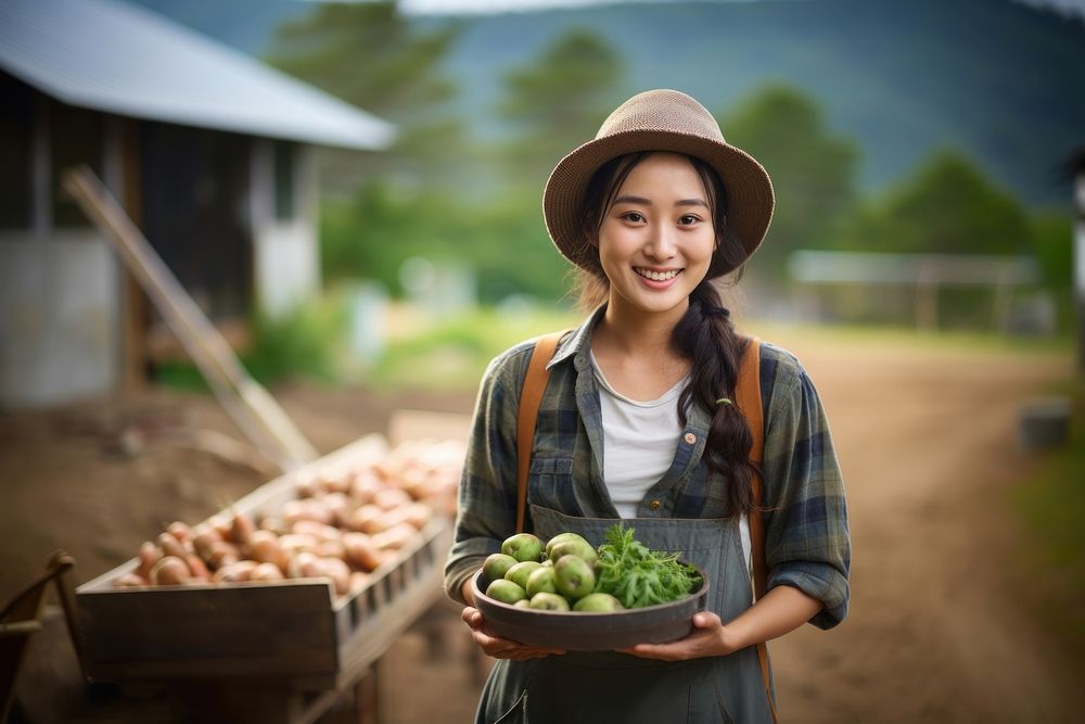 A happy japanese girl farmer holding vegetables organic smile adult.