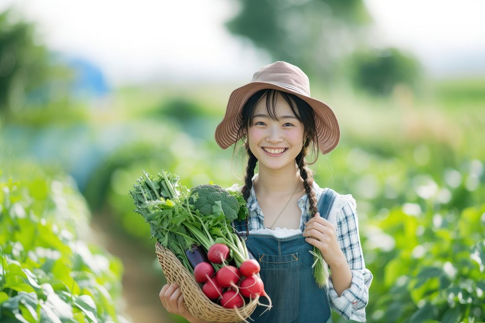 A happy japanese girl farmer holding vegetables outdoors organic smile.