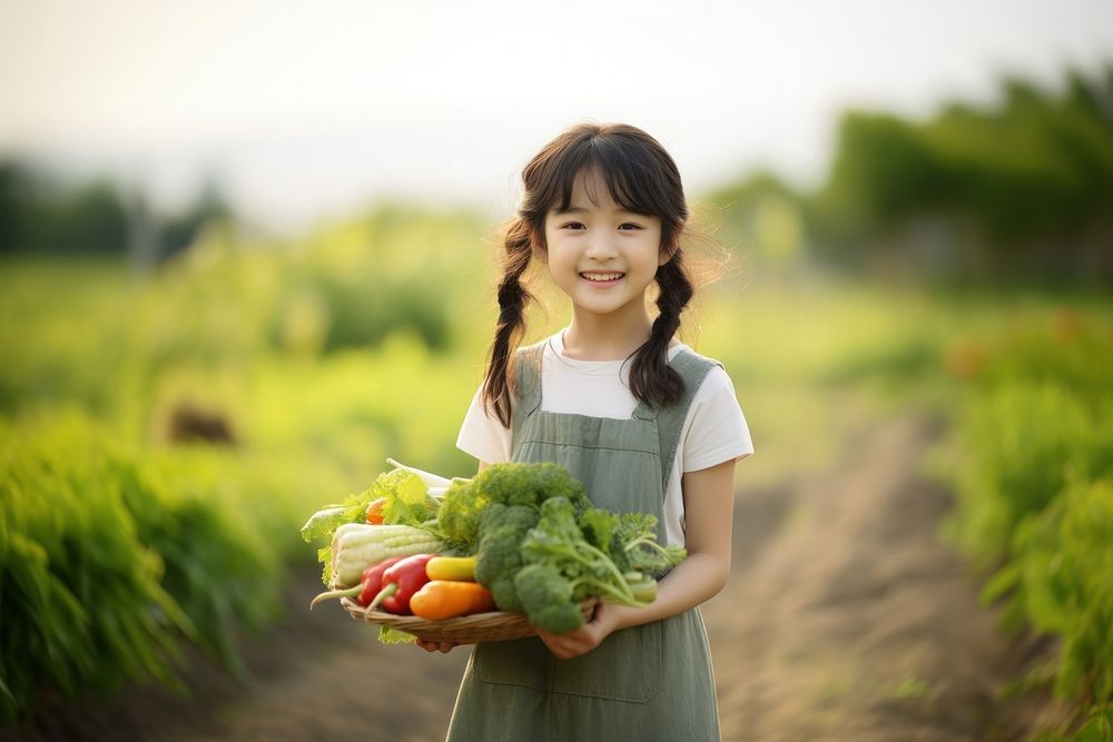 A happy japanese girl farmer holding vegetables organic smile child.