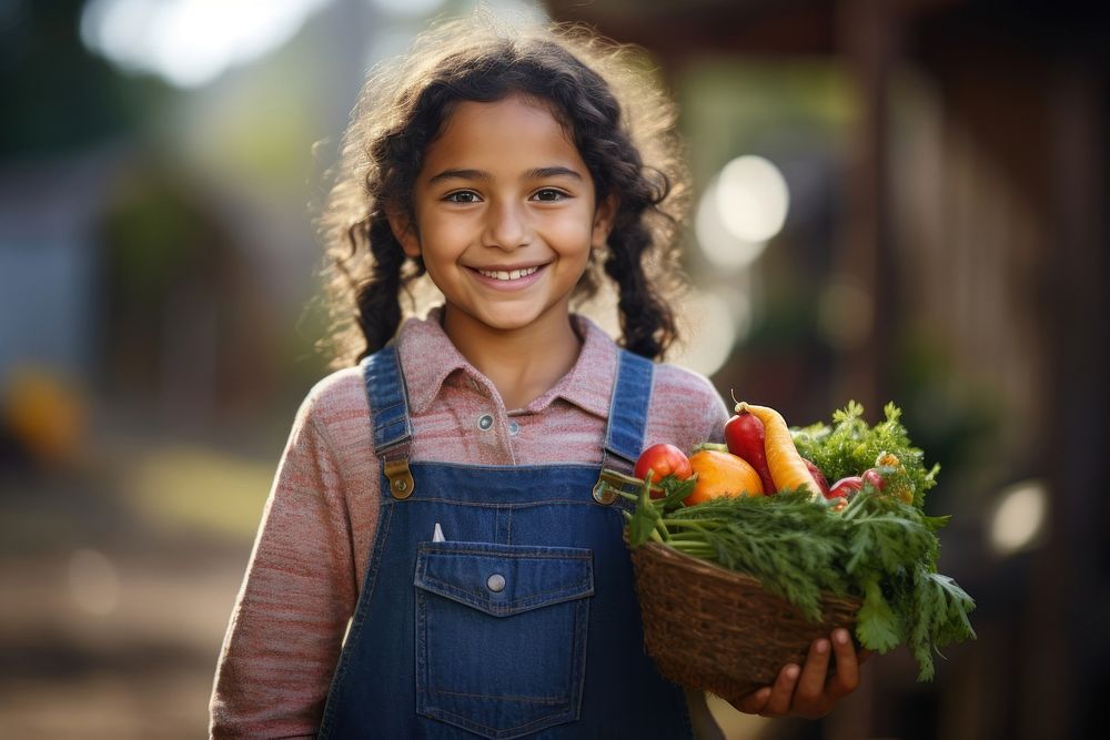 A happy Latino girl farmer holding vegetables smile organic agriculture.