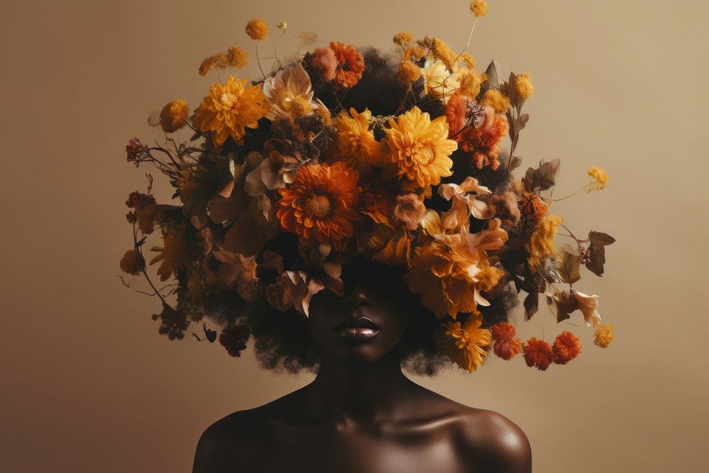 African woman flowers over head plant adult art.