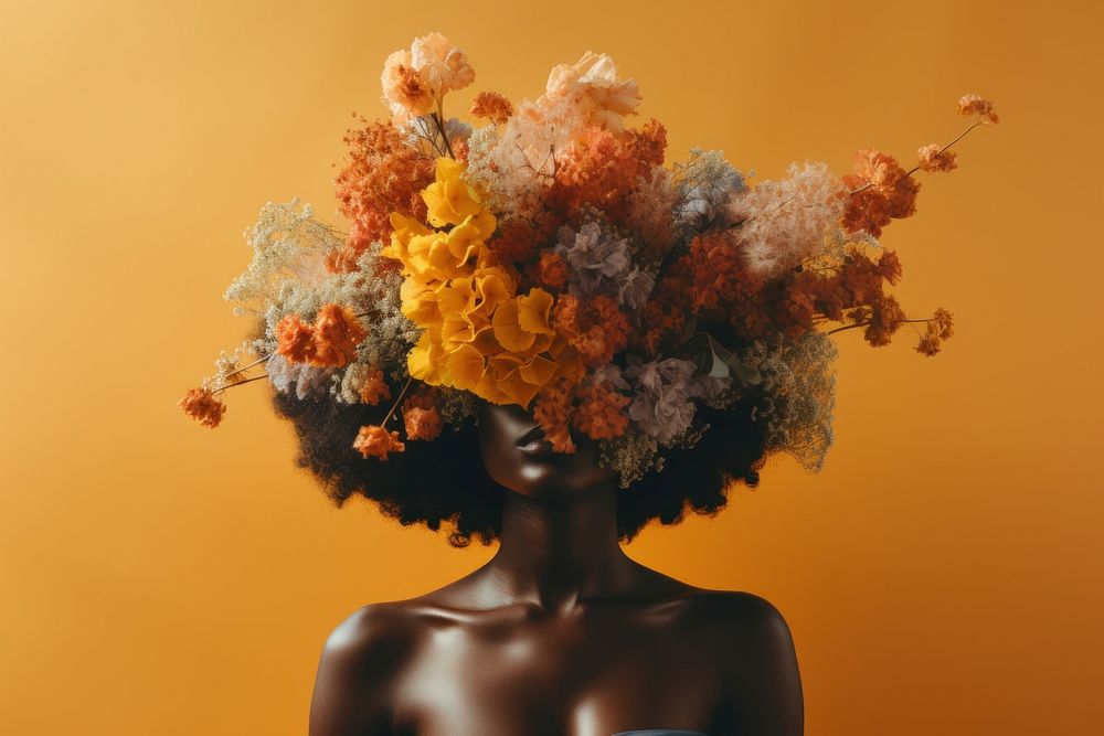 African woman flowers over head adult plant art.