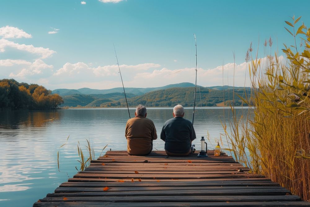 Man and his senior father fishing outdoors nature.