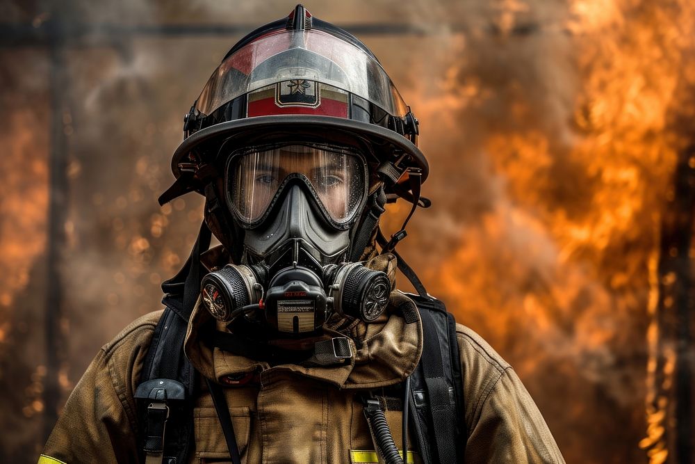 Firefighter protection helmet extinguishing emergency.