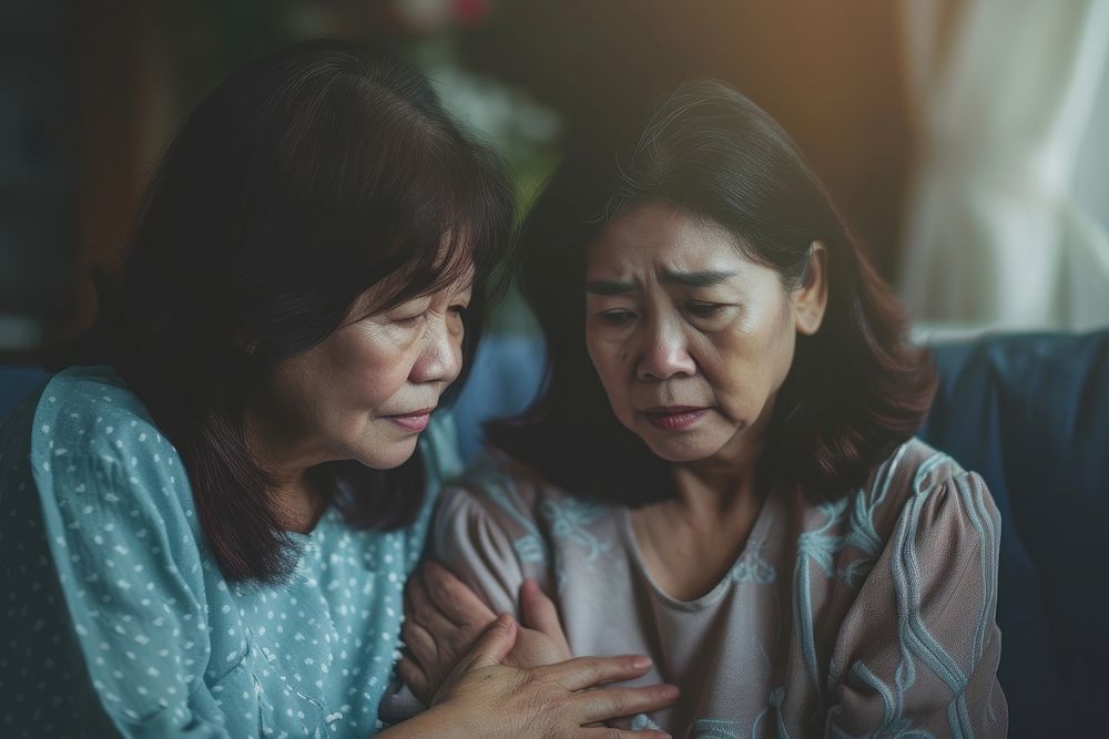 Asian people old mom worried crying adult.