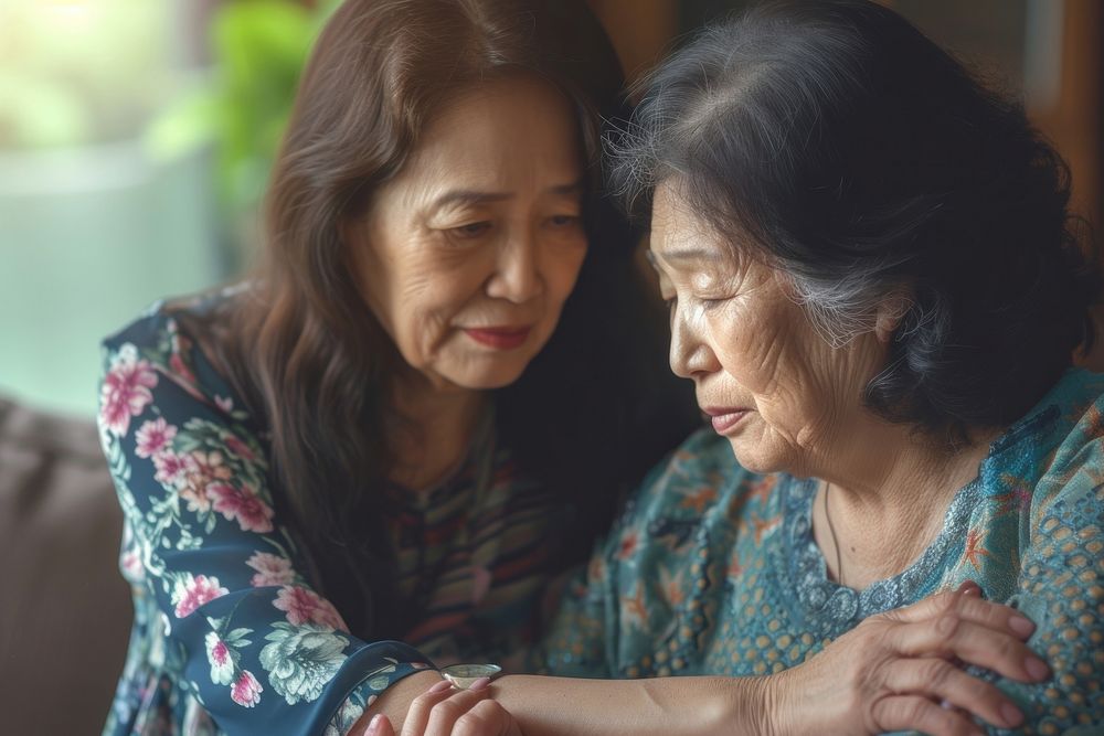 Asian people old mom worried crying adult.