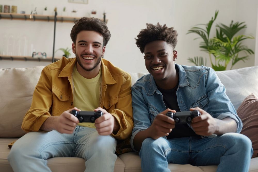 Multiracial curious male friends sitting adult happy.