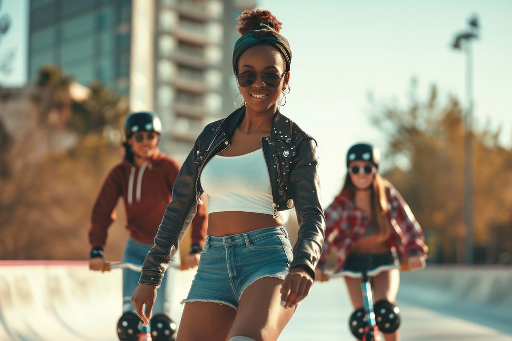 Young African American Women Roller Skaters in the City portrait skating sports.