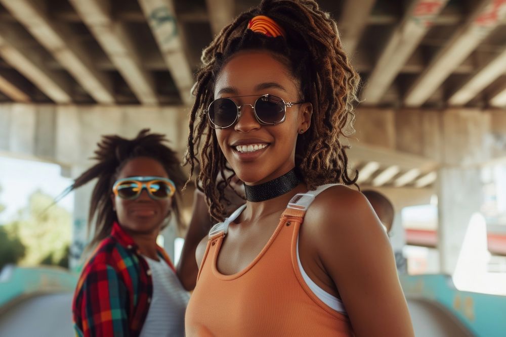 Young African American Women Roller Skaters in the City portrait photography sunglasses.