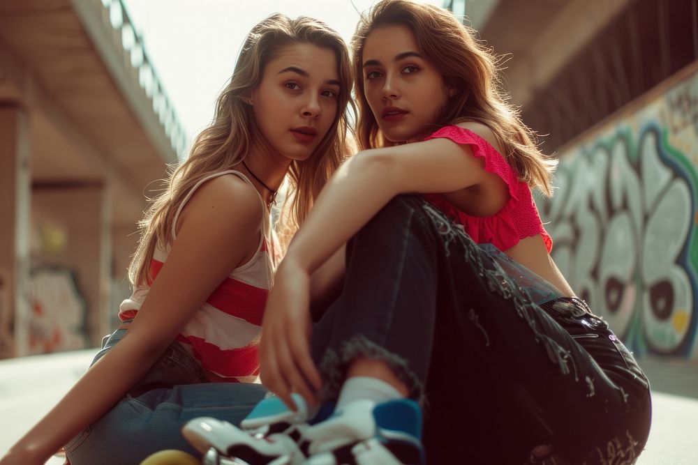 Young American Women Roller Skaters in the City portrait photography women.
