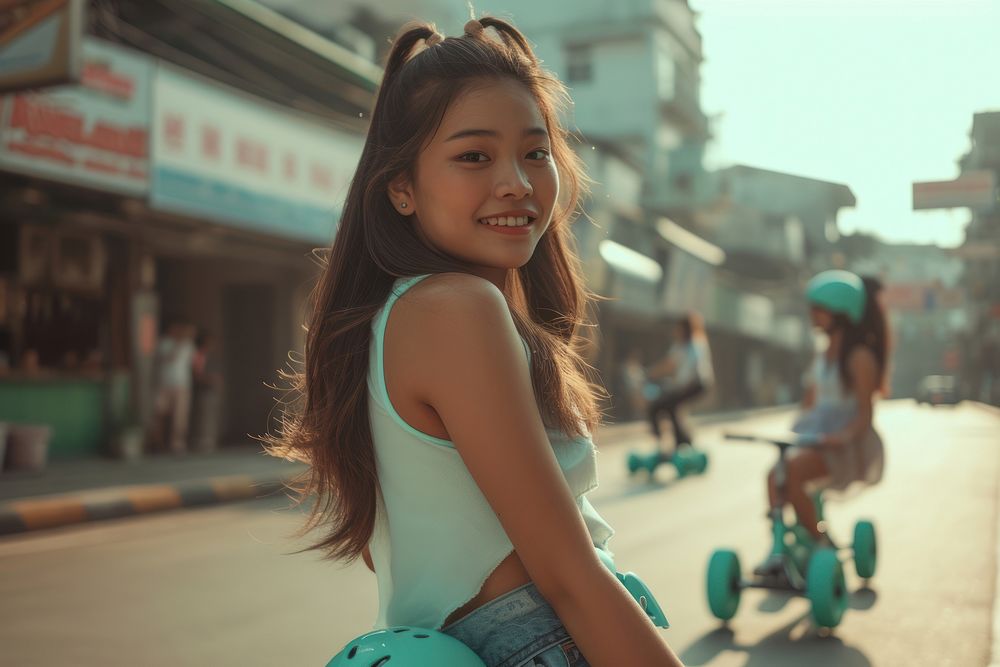 Young Filipino Women Roller Skaters in the City portrait photography women.