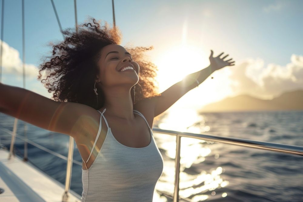 African american woman portrait outdoors yacht.