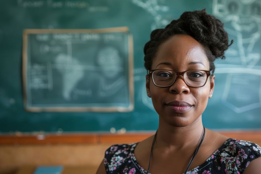 African american woman blackboard classroom portrait.