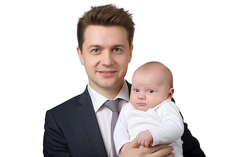 Russian dad and a baby portrait photo white background.