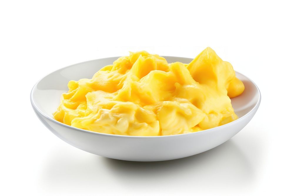 A scrambled egg plate food white background.