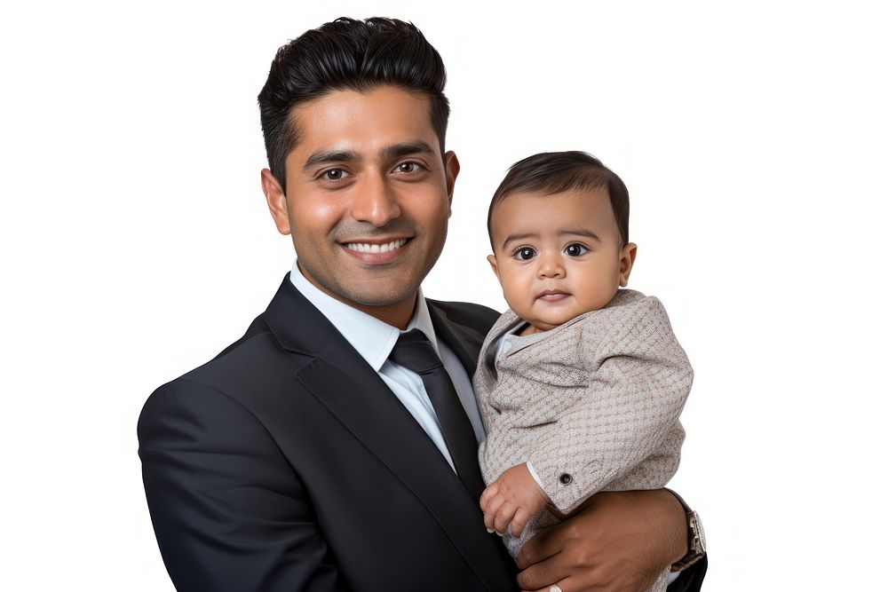 South asian father and a baby portrait photo white background.