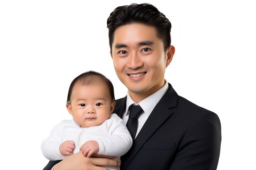 Asian father with a baby portrait family tuxedo.