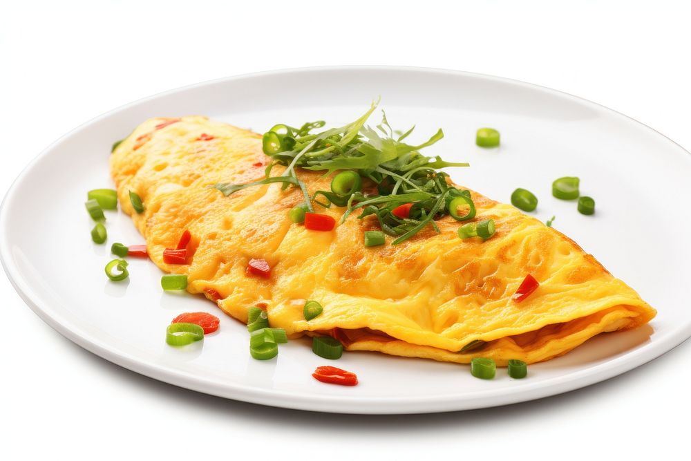 An omelette plate food white background.