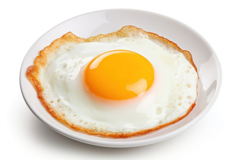 Fried egg plate food white background.